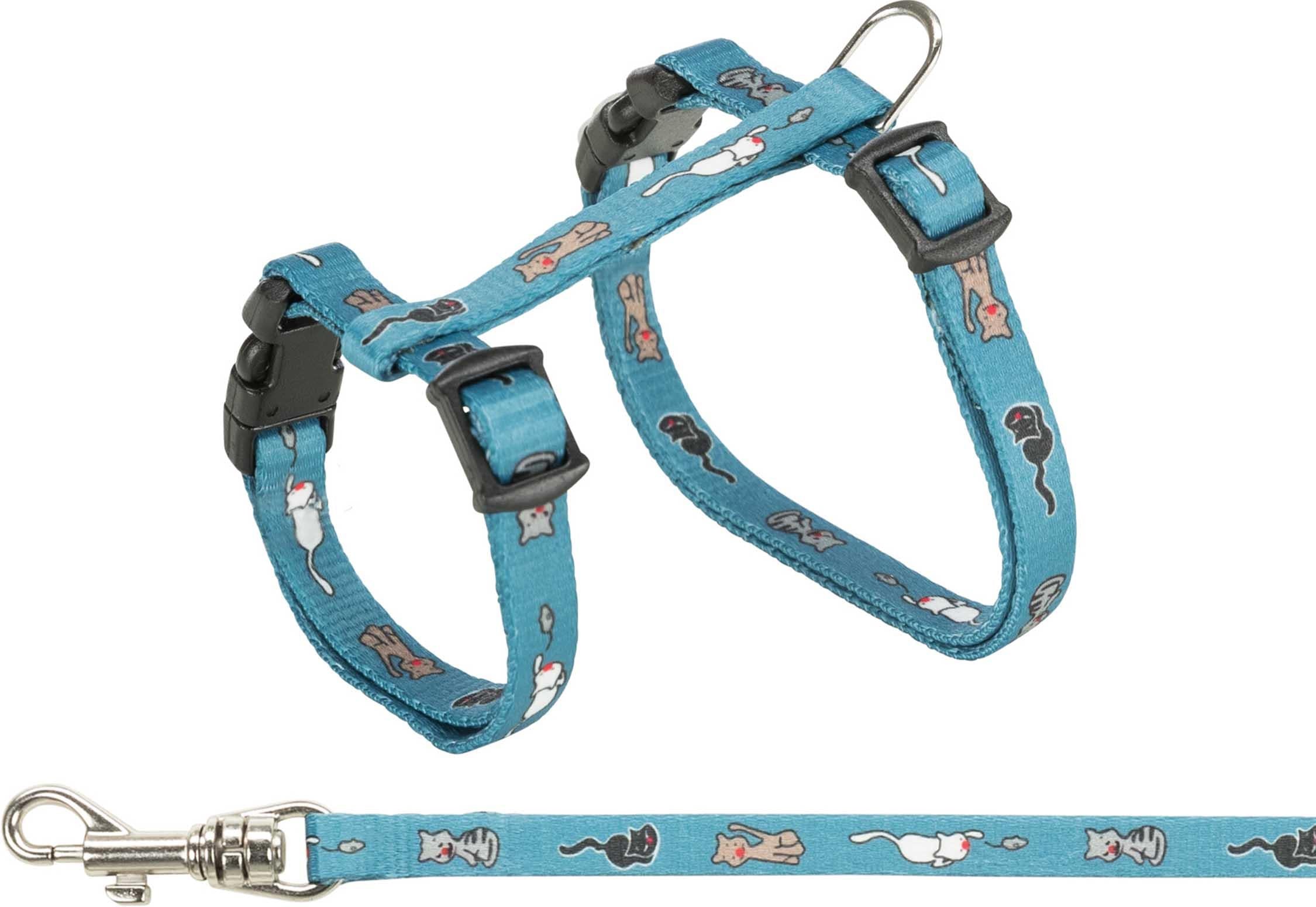 Junior kattsele+koppel, 21-33 cm/8 mm. 120 cm. Kattmotiv, Bl. färger