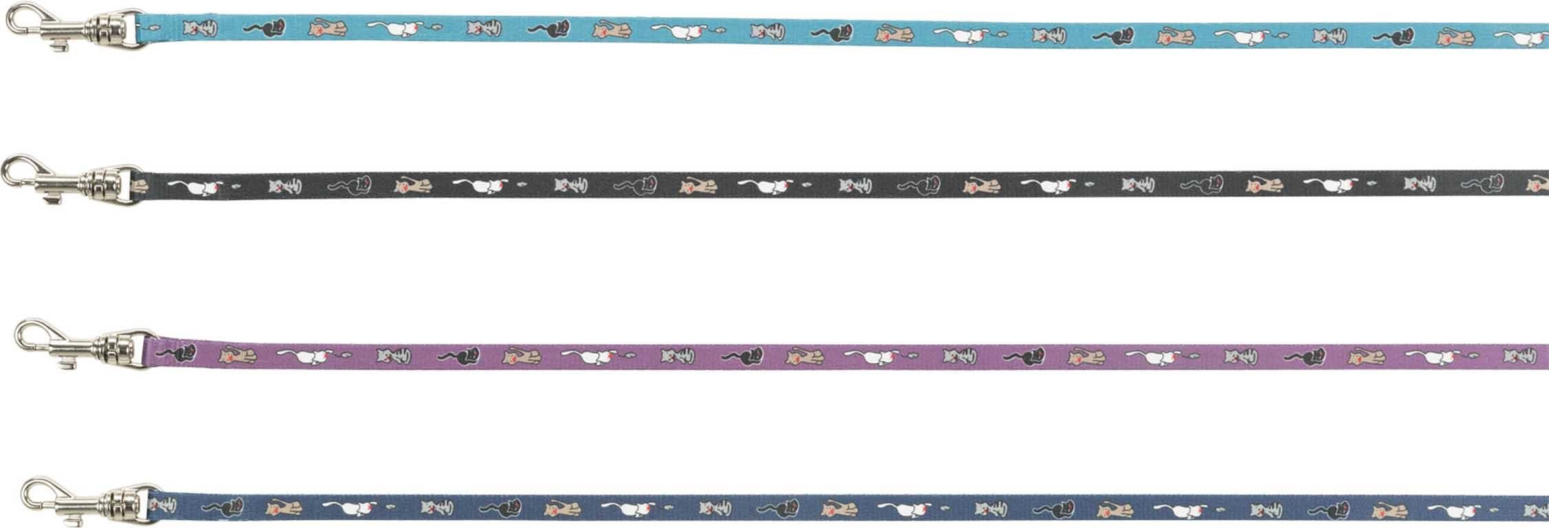 Junior kattsele+koppel, 21-33 cm/8 mm. 120 cm. Kattmotiv, Bl. färger