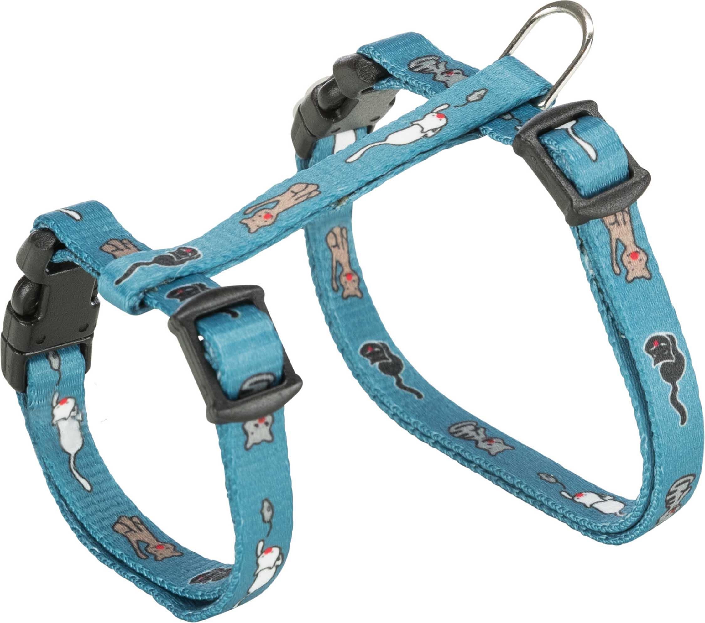 Junior kattsele+koppel, 21-33 cm/8 mm. 120 cm. Kattmotiv, Bl. färger