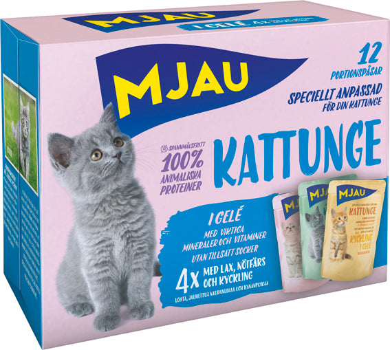 Mjau kattunge, lax,nöt,kyckl. i gelé multipack 12*85g